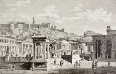 Denkbeeldig gezicht op de marktplaats van de agora in Athene, het oude Griekenland, uit El Mundo Ilustrado, gepubliceerd in Barcelona, 1880